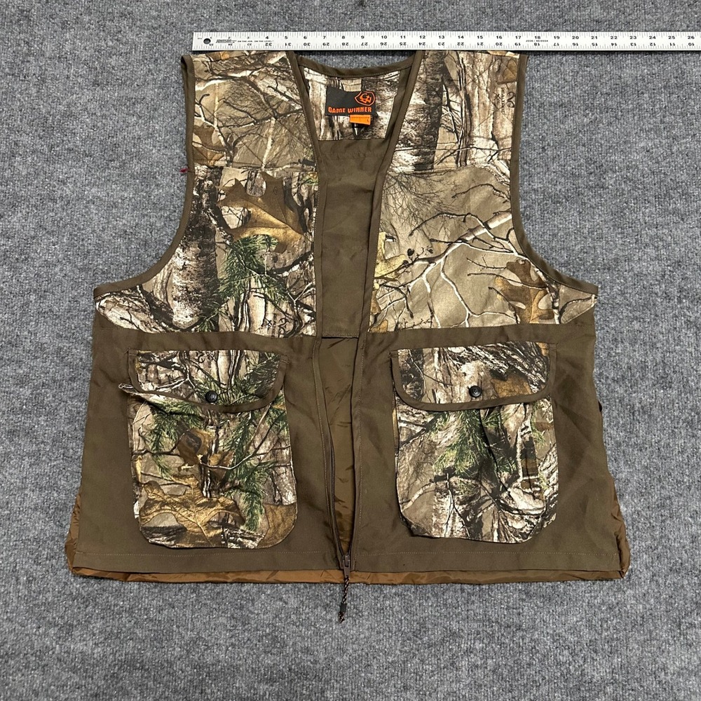 Game Winner Vest Mens Size L Brown Realtree Camo Full Zip Hunting Game Bag Cargo